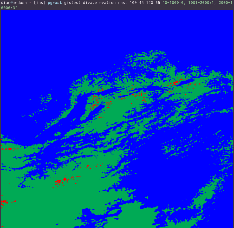 the previous elevation map, with finer gradations condensed into one of three colors