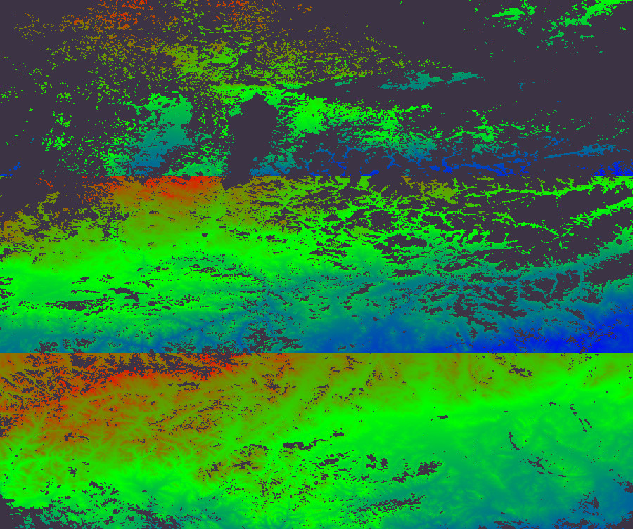 terrain with big obvious horizontal bands in which a red-green-blue gradient repeats over and over, south to north